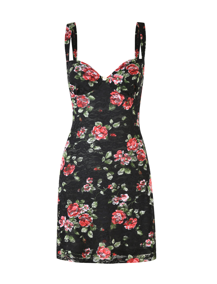 The TIGERMIST ANDEE MINI DRESS - BLACK : FLORAL : BLACKROSE is a sleeveless, fitted black mini dress featuring a sweetheart neckline and a bold red and green rose print.