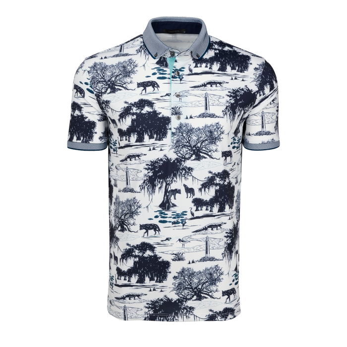 Arctic Lowcountry Print Angel Oak Short Sleeve Golf Polo - Front View, Contrast Collar Detail | Greyson Clothiers