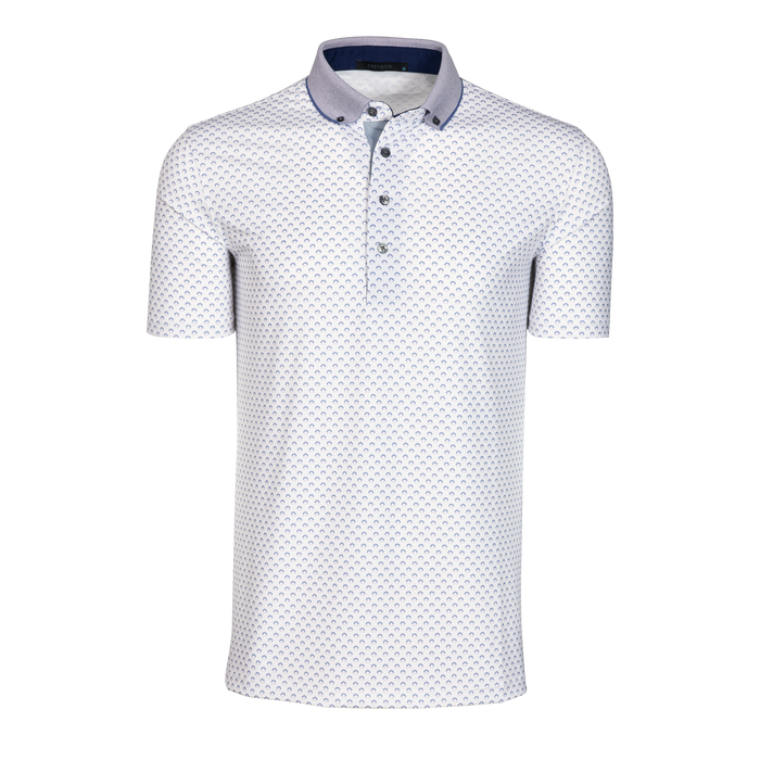 White Crest Print Angels Crest Golf Polo - Front View, Contrast Collar & Button Placket | Greyson Clothiers
