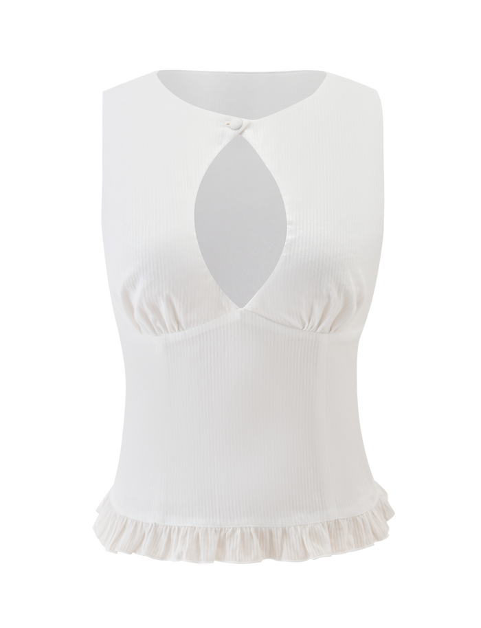 The ANIYA KEYHOLE TOP in white by TIGERMIST is a sleeveless top featuring a keyhole neckline with small button fastening, ruched detailing under the bust, and a ruffled hemline.