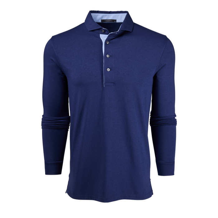 Maltese Blue Pima Cotton Apache Long Sleeve Polo - Front View | Greyson Clothiers