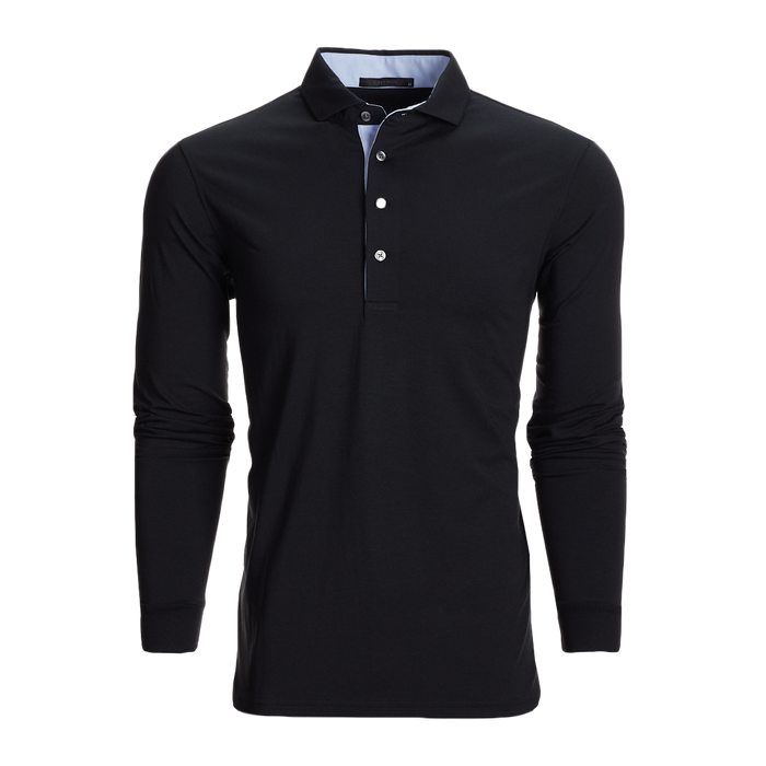 Shepherd Black Apache Long Sleeve Polo Spread Collar Four-Button Placket - Front View | Greyson Clothiers