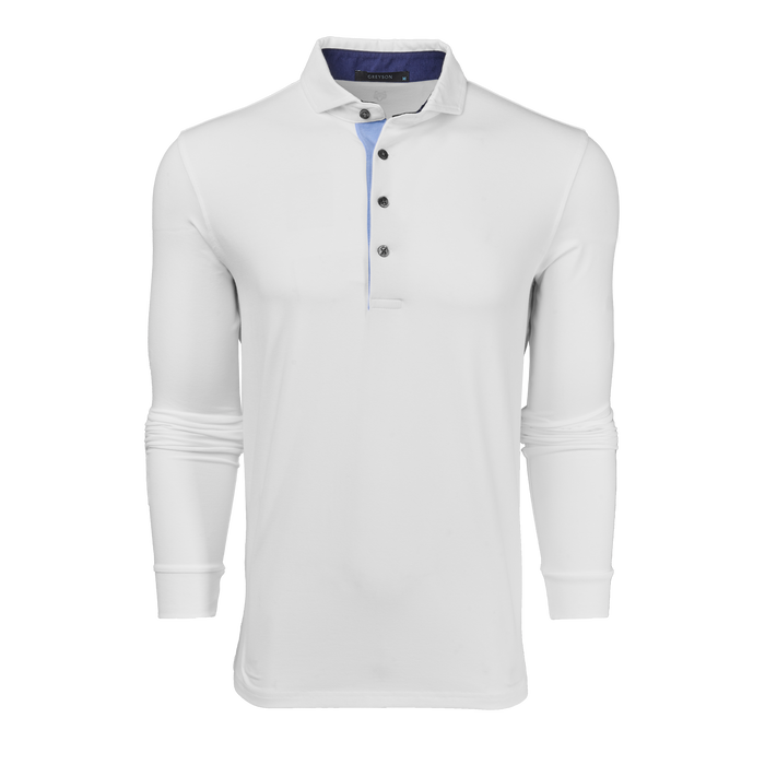 Arctic White Pima Cotton Apache Long Sleeve Polo Spread Collar - Front View | Greyson Clothiers