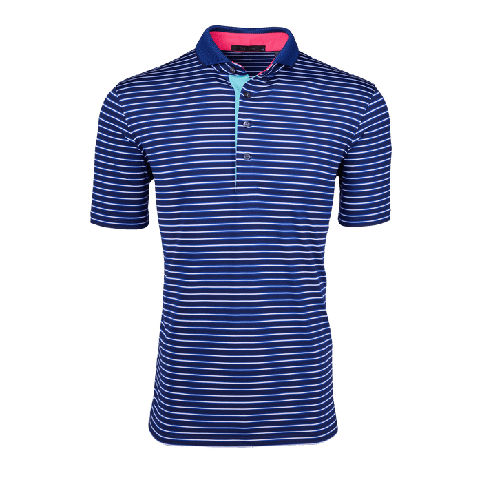Greyson Clothiers Arenal Polo Macaw - Navy Striped Performance Golf Polo, Front View
