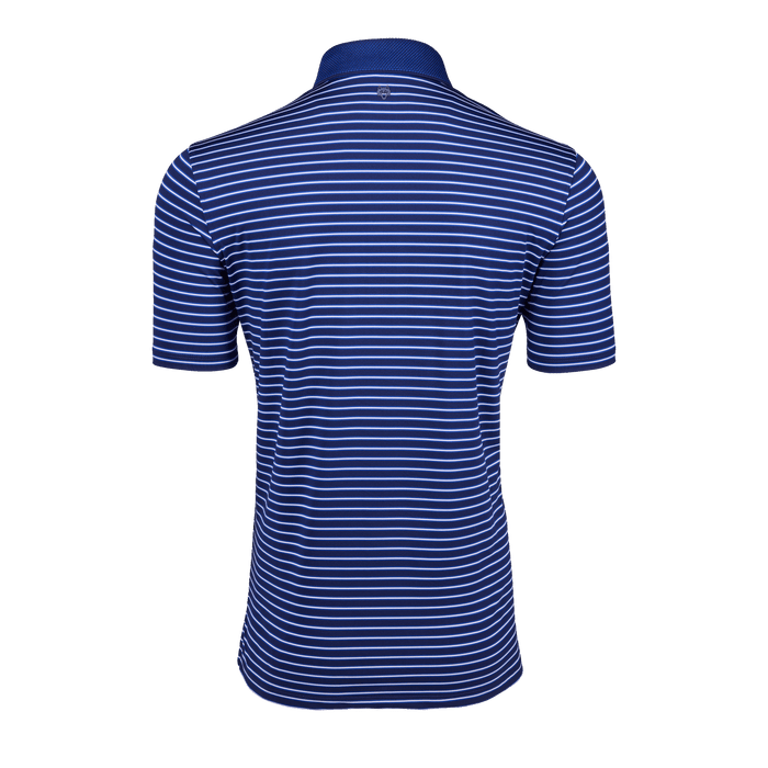 Greyson Clothiers Arenal Polo Macaw - Navy Striped Men's Golf Polo, Back View with Wolf Logo