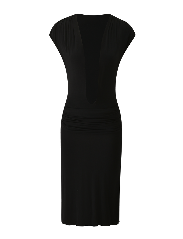 The ARIELLA PLUNGE MIDI DRESS - BLACK by TIGERMIST is a sleeveless, knee-length midi dress featuring a deep V-neckline and gathered fabric at the waist, showcased on a plain white background. This elegant evening cocktail dress combines sophistication with modern style.