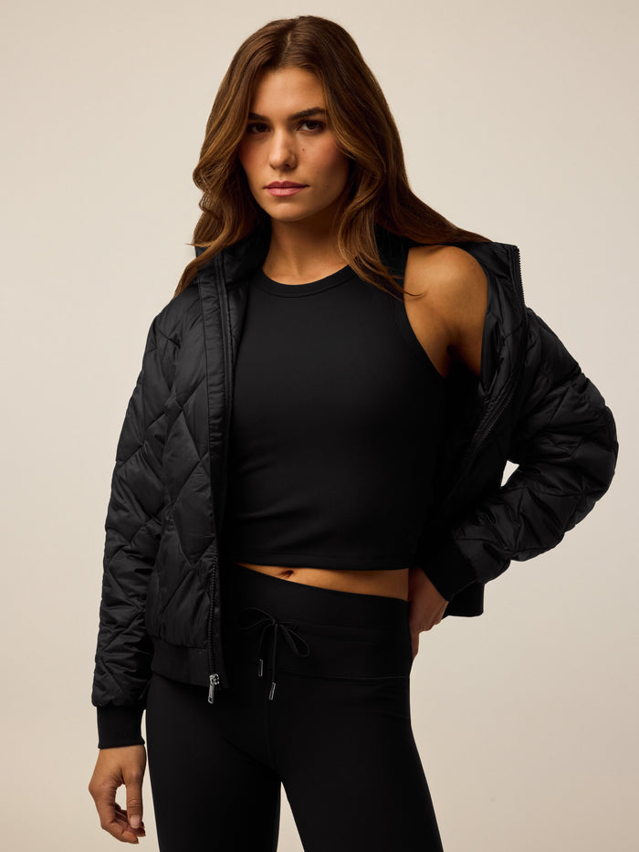 Shepherd Black Aries X-Lite Diamond Jacket - Open Front Zip Detail On Model | Greyson Clothiers