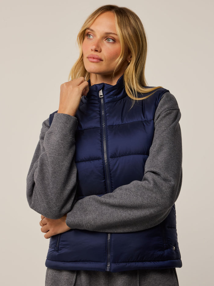 Maltese Blue Greyson Aries X-Lite Quilted Vest - On Model Front View, Women's Lightweight Golf Layer | Greyson Clothiers