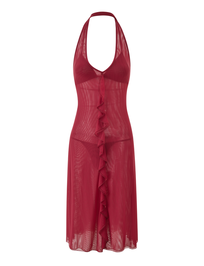 The ASH MIDI DRESS by TIGERMIST is a sheer red mesh halter midi with a plunging neckline and vertical ruffled trim, shown against a plain white background.