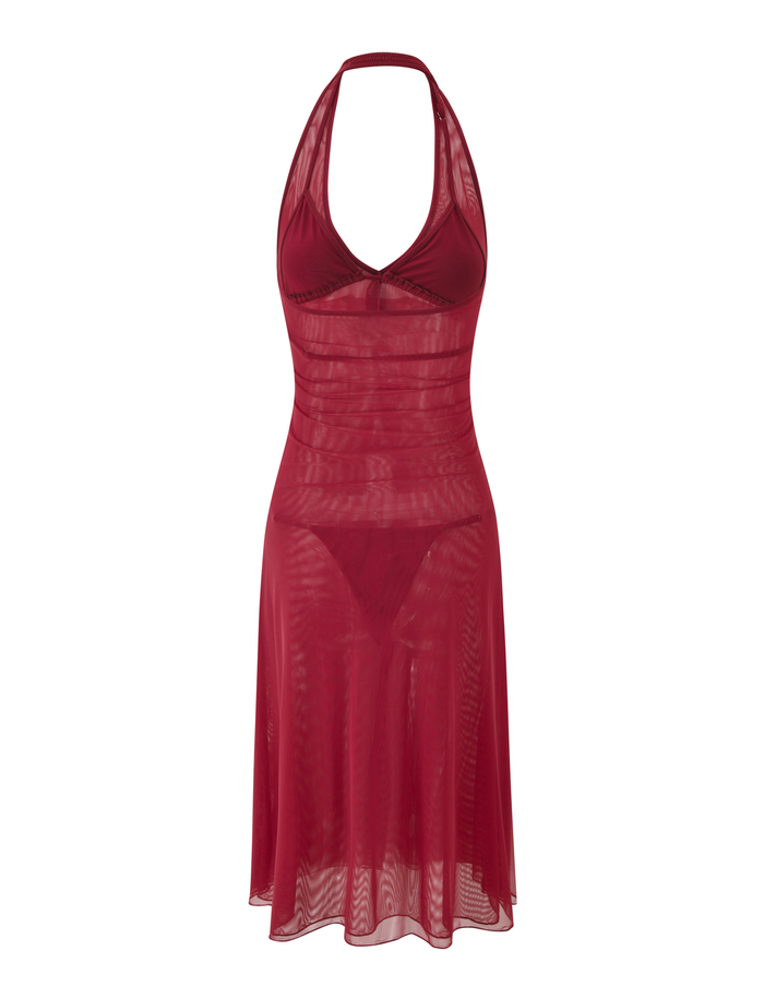 The ASH MIDI DRESS - RED by TIGERMIST is a sheer, sleeveless mesh halter dress with visible lining, styled over a matching bralette and panty, and shown on a plain white background.