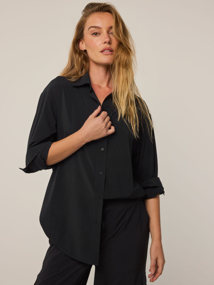 Greyson Clothiers Ashe Button-Down in Shepherd - Three-Quarter View, Sleeves Rolled, Women's Stretch Shirt | Greyson Clothiers