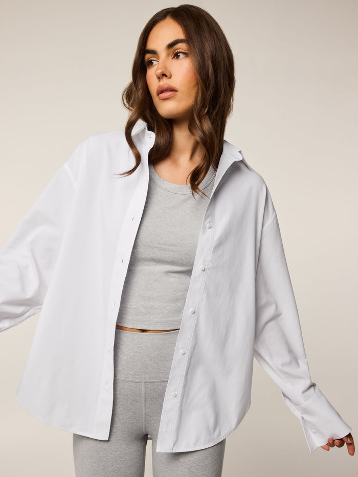 Greyson Clothiers Ashe Button-Down in Arctic - Front View Open, Layered Over Crop Top | Greyson Clothiers