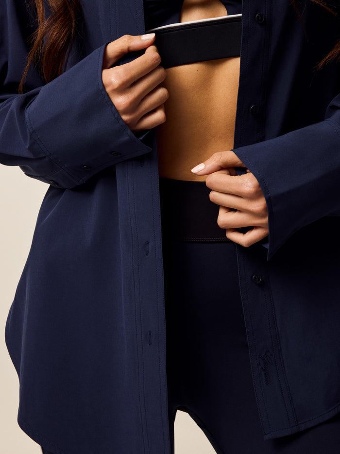 Greyson Clothiers Ashe Button-Down Shirt in Maltese Blue - Placket and Engraved Button Close-Up | Greyson Clothiers