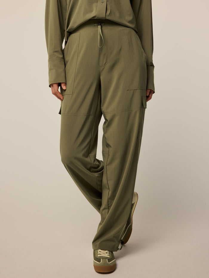 Camp Greyson Clothiers Ashe Cargo Pant - On Model Front View, Wide-Leg Drawstring Waist, Olive | Greyson Clothiers