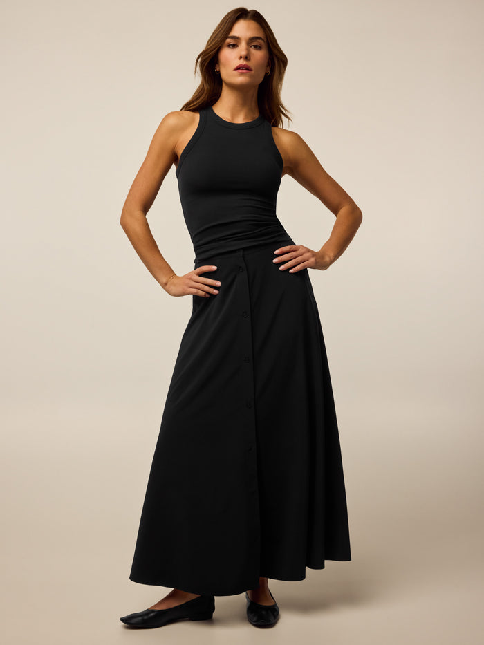 Greyson Clothiers Ashe Midi Skirt in Black - Full Front View On Model | Greyson Clothiers