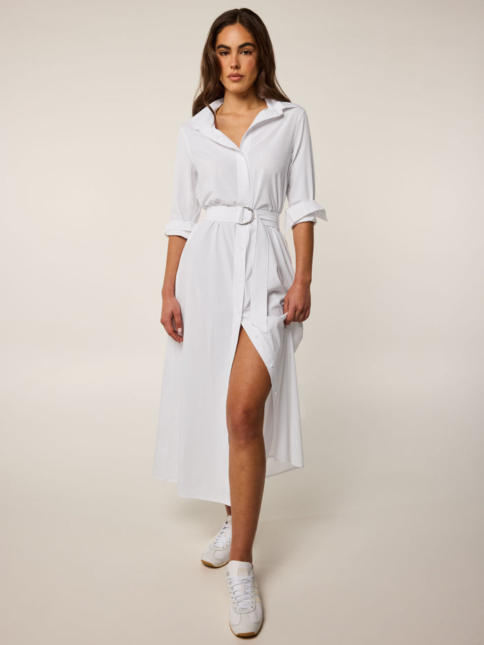 Arctic Ashe Shirt Dress - Front View, Belted Waist & Side Slit, On Model | Greyson Clothiers