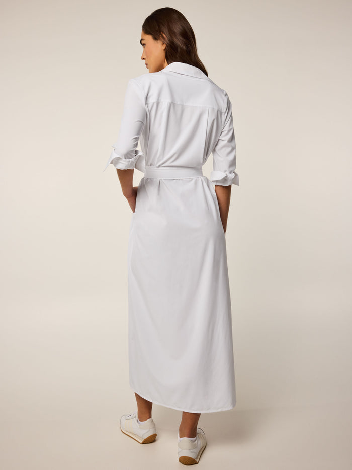 Arctic Ashe Shirt Dress - Back View, Belted Silhouette & Tied Cuffs, On Model | Greyson Clothiers