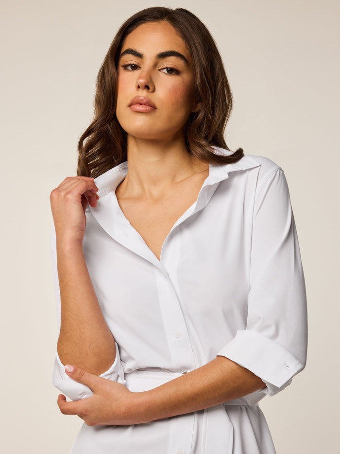 Arctic Ashe Shirt Dress - Spread Collar & Open Placket Detail, On Model | Greyson Clothiers