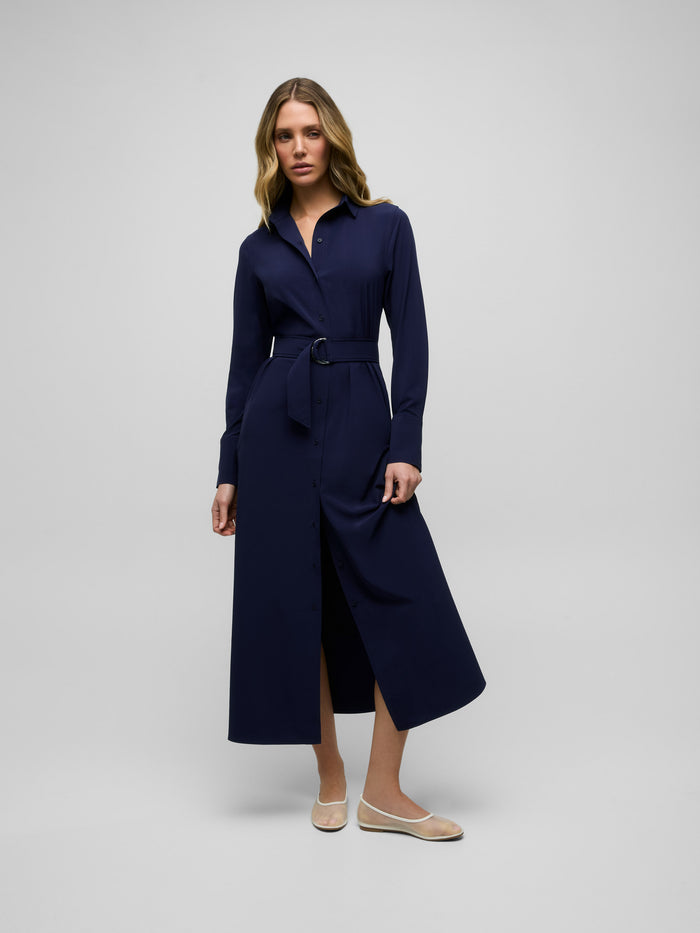 Maltese Blue Ashe Shirt Dress - Front View, Belted Waist & Front Slit, On Model | Greyson Clothiers