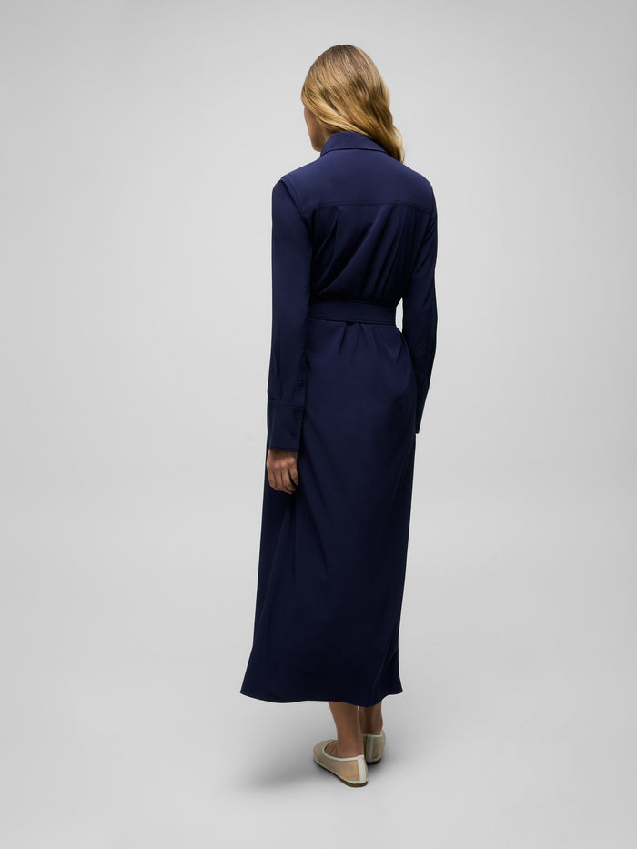 Maltese Blue Ashe Shirt Dress - Back View, Long Sleeve & Belted Waist, On Model | Greyson Clothiers