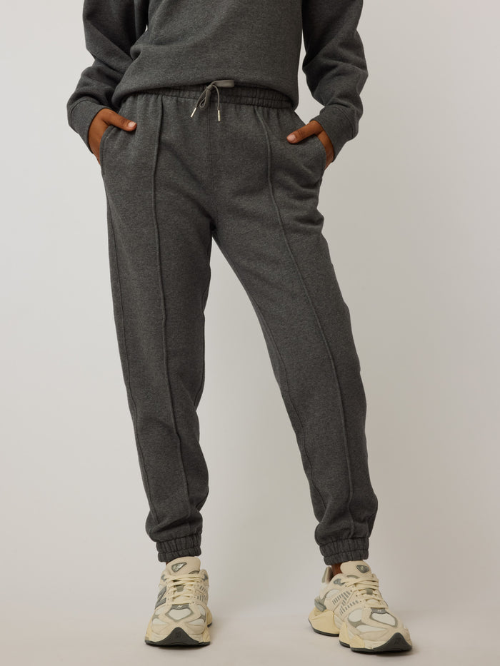 Smoke Heather Aspen Melange Jogger - Front View, Pintuck Seam & Drawstring Waist | Greyson Clothiers