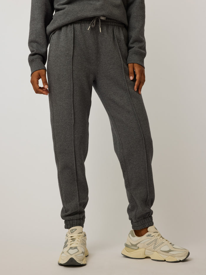 Smoke Heather Aspen Melange Jogger - Front View, Pintuck Seam & Drawstring Waist Detail | Greyson Clothiers