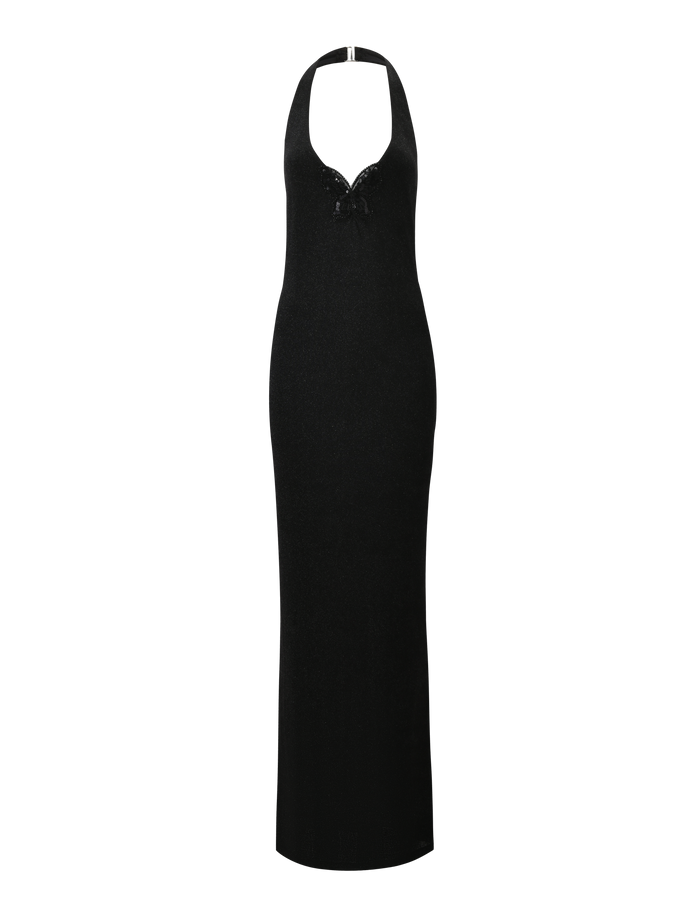 The TIGERMIST ASTORIA MAXI DRESS - BLACK is a sleeveless, full-length glitter maxi with a halter bodycon silhouette, deep V-neckline, and decorative chest bow, shown against a plain white background.