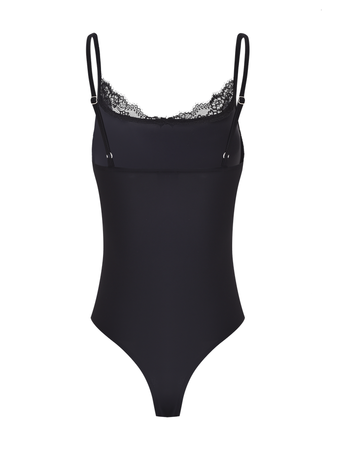 The TIGERMIST ASTRID BODYSUIT - BLACK is a cami singlet featuring lace trim along the neckline and adjustable shoulder straps, shown on a plain background.