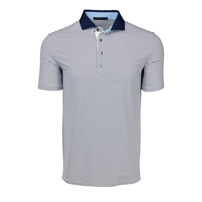 Greyson Clothiers Aurora Short Sleeve Polo - Arctic/Maltese Blue Striped, Front View | Greyson Clothiers