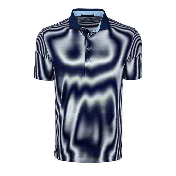 Greyson Clothiers Aurora Short Sleeve Polo - Maltese Blue/Arctic Stripe, Contrast Collar, Front View | Greyson Clothiers