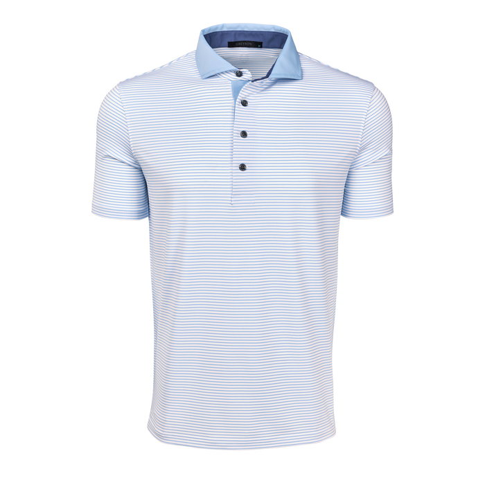 Greyson Clothiers Aurora Short Sleeve Polo - Maltese Blue/Arctic Fine Stripe, Light Blue Collar, Front View | Greyson Clothiers
