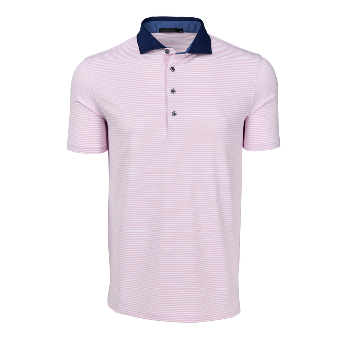 Greyson Clothiers Aurora Short Sleeve Polo - Sunrise/Arctic Pink Stripe, Navy Contrast Collar, Front View | Greyson Clothiers