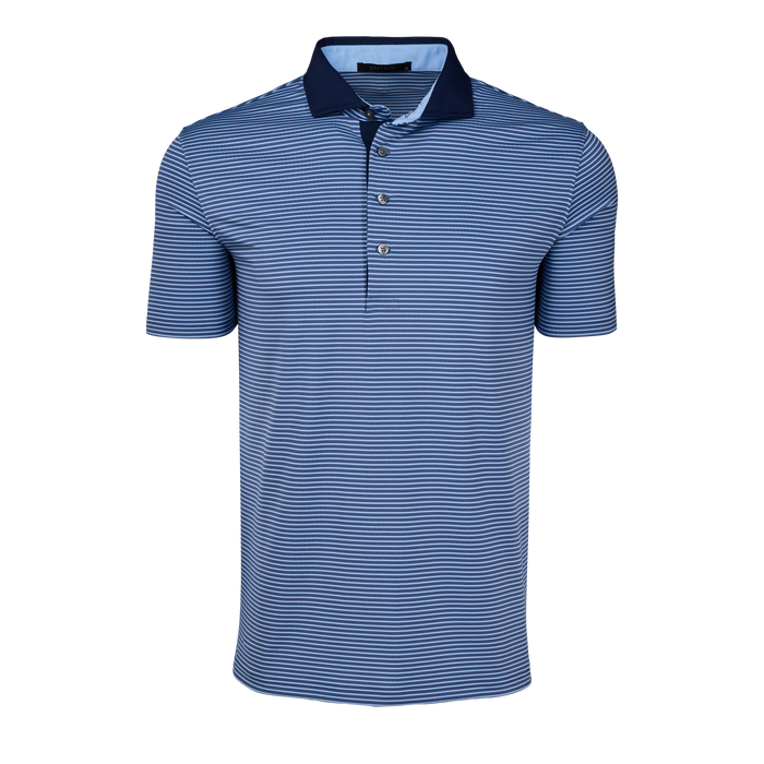Greyson Clothiers Aurora Short Sleeve Polo - Wolf Blue/Arctic Tonal Stripe, Navy Collar, Front View | Greyson Clothiers