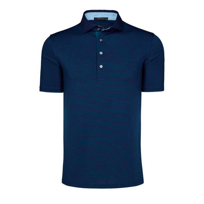 Falcon/Wolf Blue Striped Performance Golf Polo - Contrast Collar Detail, Front View | Greyson Clothiers