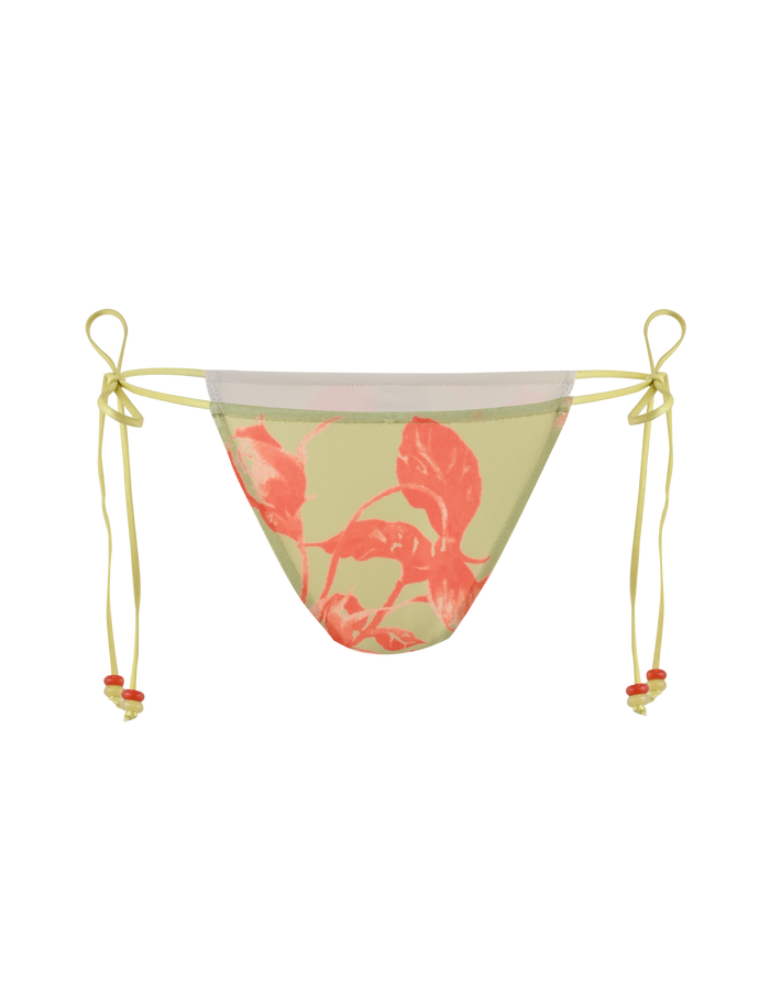 The TIGERMIST AVE 2PC BIKINI BOTTOM - POP FLORAL features yellow side ties with red beads and a striking red floral print on a light yellow base—ideal to pair with your favorite sarong set.