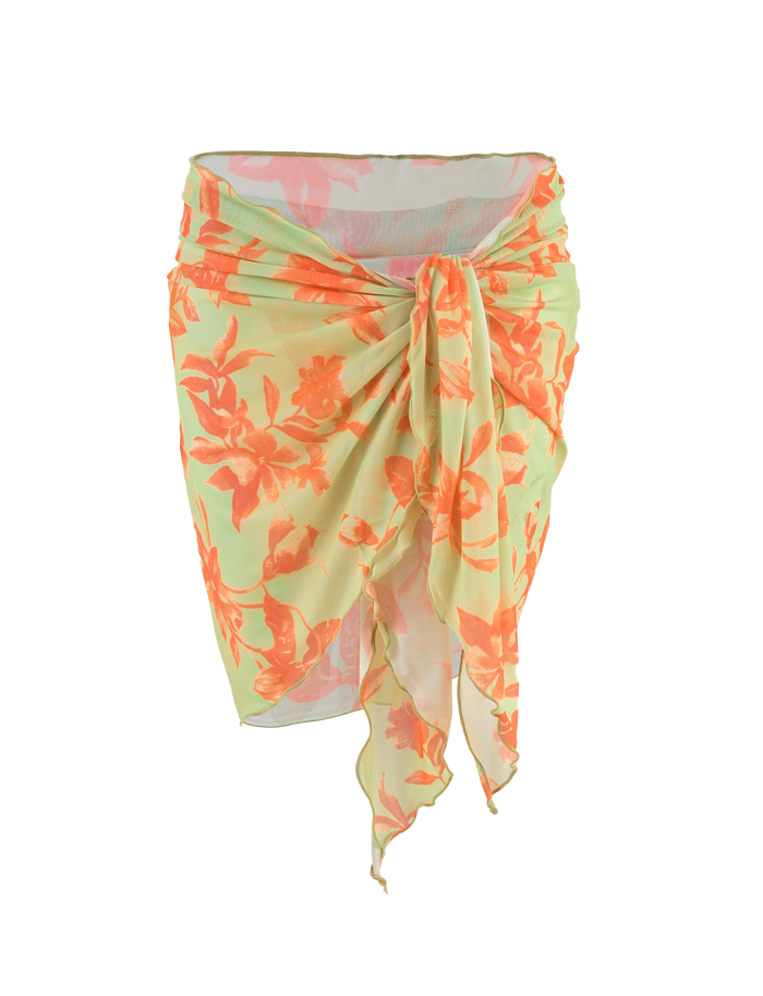 The TIGERMIST AVE 2PC BIKINI BOTTOM - POP FLORAL is a sheer, light yellow piece with a vibrant floral print, tied at the front and finished with an asymmetrical, flowing hem for a breezy beach look.