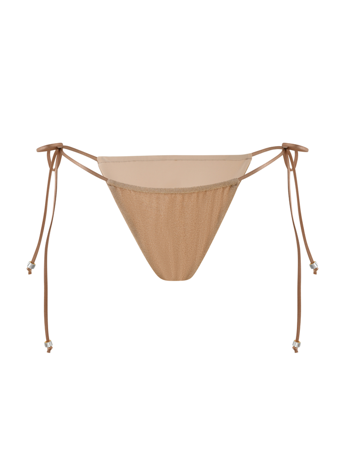 TIGERMIST AVE BIKINI BOTTOM - GOLD with adjustable side ties and decorative beads at the ends, shown on a white background.