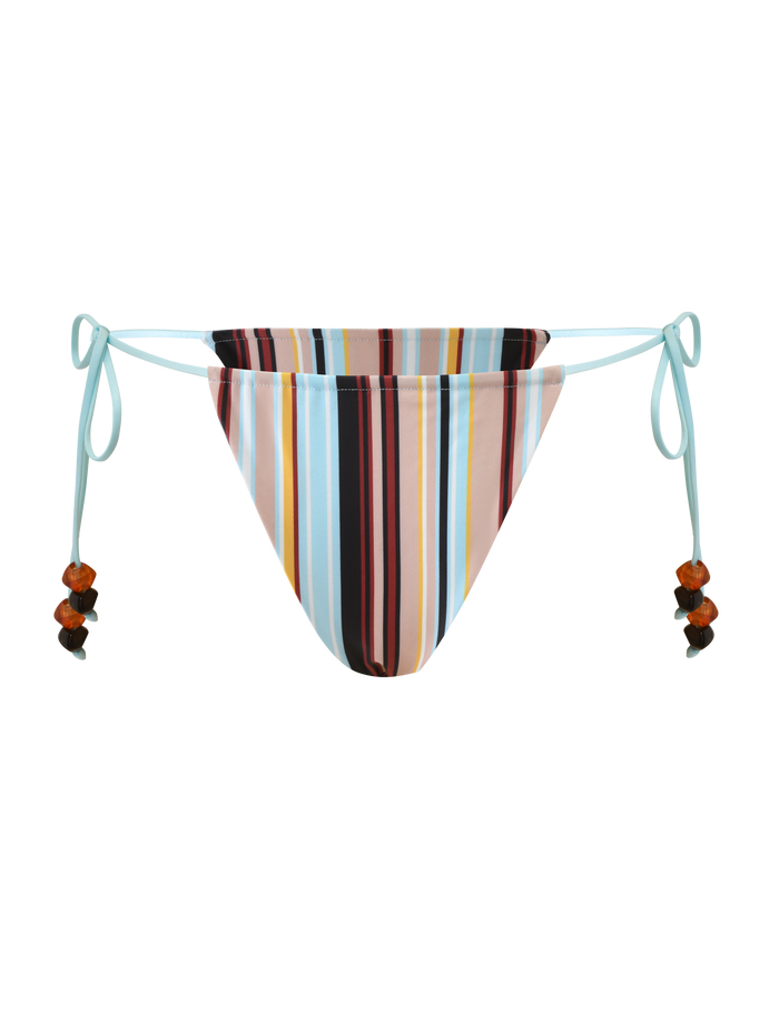 The TIGERMIST AVE BIKINI BOTTOM - VARIEGATED STRIPE features multicolored vertical stripes, light blue adjustable side ties with brown and black beads, cheeky coverage, and a plain white background.