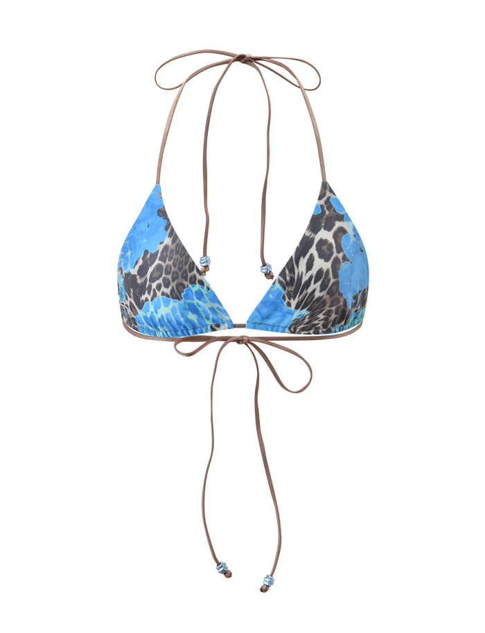 The TIGERMIST AVE BIKINI TOP - BLUE LEOPARD features a classic triangle design with black spots and thin brown adjustable straps, shown on a plain white background.