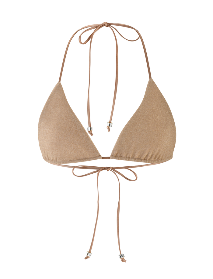 The TIGERMIST AVE BIKINI TOP - GOLD features a bodycon silhouette, thin tie straps with metallic caps, and a subtly shiny finish, shown against a white background.