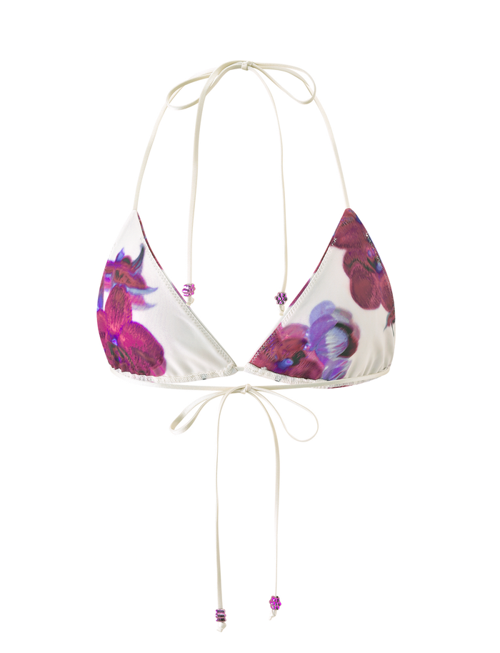 TIGERMIST AVE BIKINI TOP - ORCHID HAZE: White triangle bikini top with thin straps, featuring a purple and pink floral print.