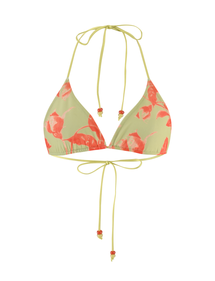 The AVE BIKINI TOP - POP FLORAL by TIGERMIST features a light green halter neck, pink and white floral print, adjustable neck and back ties, and ruched detailing under the bust.