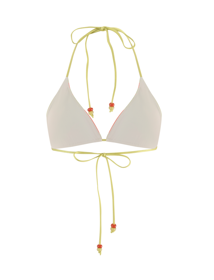 The TIGERMIST AVE BIKINI TOP - POP FLORAL features a white halter neck design with yellow straps that tie at the neck and back, shown against a plain background.
