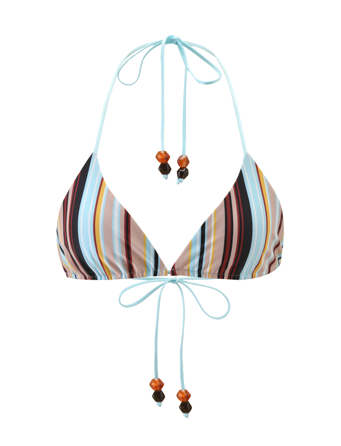 The TIGERMIST AVE BIKINI TOP - VARIEGATED STRIPE is a classic triangle bikini with thin blue tie straps and orange and brown beads, featuring vibrant vertical red, yellow, blue, and white stripes for a bold beach look.