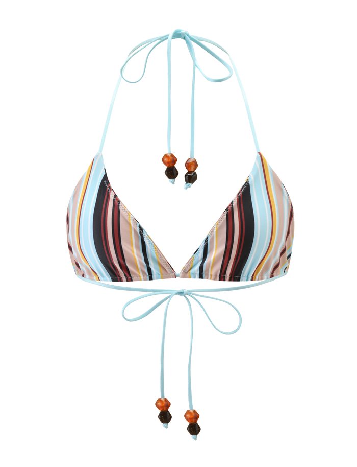The AVE BIKINI TOP - VARIEGATED STRIPE by TIGERMIST is a classic triangle style featuring colorful stripes, thin light blue neck and back tie straps, and small brown and black decorative beads on the string ends.