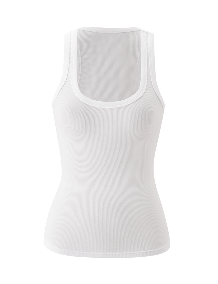 The TIGERMIST AVNI TANK in white features lightweight rib fabric, a scoop neckline, and a fitted silhouette, shown against a white background.