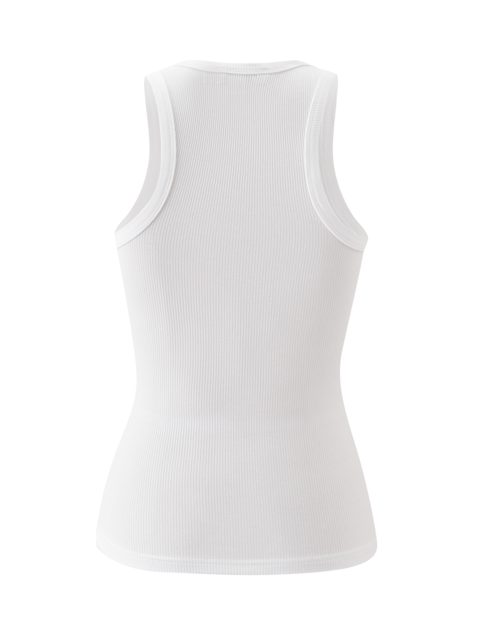 The AVNI TANK - WHITE by TIGERMIST is a racerback tank with wide straps and lightweight rib fabric, shown from the back against a white background for a clean, minimal look.