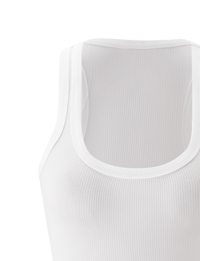 Close-up of the TIGERMIST AVNI TANK in white, crafted from lightweight rib fabric, featuring a sleeveless design and round neckline against a plain light background.