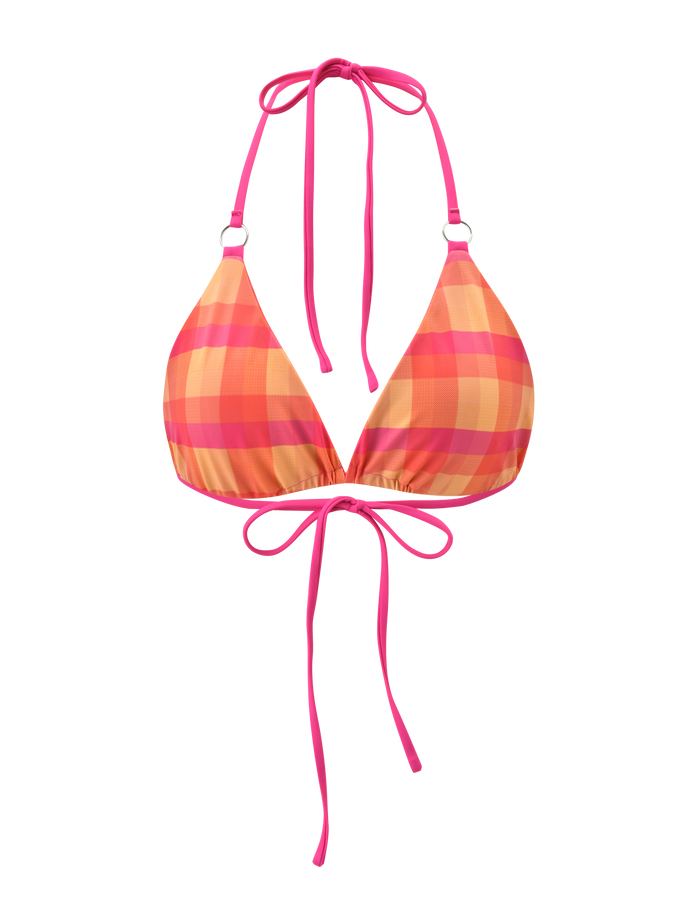 The AYANNA REVERSIBLE BIKINI TOP - GINGHAM AND RESORT PLAID by TIGERMIST is a triangle bikini in pink, orange, and yellow plaid with pink neck and back ties, shown on a white background.