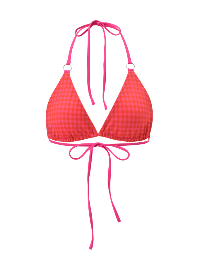 The TIGERMIST AYANNA REVERSIBLE BIKINI TOP - GINGHAM AND RESORT PLAID features adjustable halter and back ties in a pink and red plaid print, shown against a plain white background.